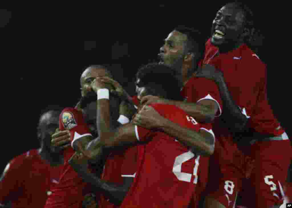 Javier Balboa of Equatorial Guinea celebrates with his team after scoring against Libya during the opening match of the African Nations Cup soccer tournament in Estadio de Bata "Bata Stadium", in Bata January 21, 2012.