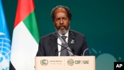 FILE - Somalia's President Hassan Sheikh Mohamud speaks during a plenary session at the COP28 U.N. Climate Summit, Dec. 1, 2023, in Dubai, United Arab Emirates. 