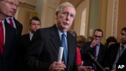 FILE - Senate Majority Leader Mitch McConnell, R-Ky., speaks to reporters in Washington, Jan. 29, 2019.