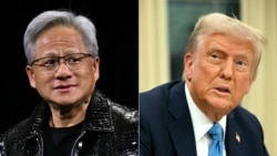 (COMBO) This combination of pictures created on January 31, 2025 shows (L) Nvidia CEO Jensen Huang in Las Vegas, Nevada on January 6, 2025, and US President Donald Trump in the Oval Office of the White House in Washington, DC on January 31, 2025.