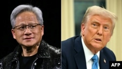 (COMBO) This combination of pictures created on January 31, 2025 shows (L) Nvidia CEO Jensen Huang in Las Vegas, Nevada on January 6, 2025, and US President Donald Trump in the Oval Office of the White House in Washington, DC on January 31, 2025.