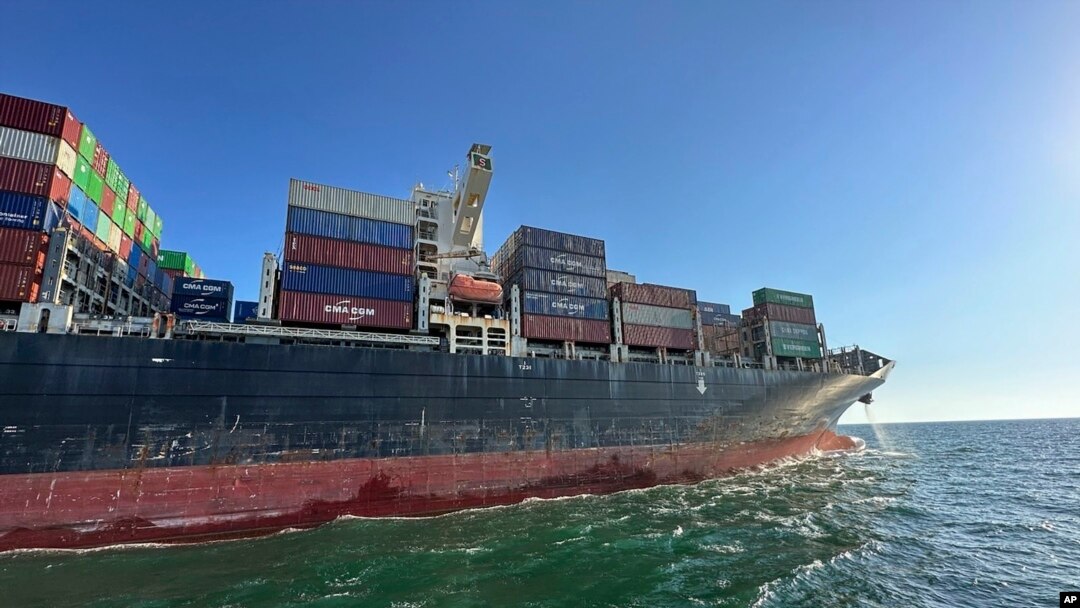FILE - In this photo provided by Ukraine's Infrastructure Ministry Press Office, container ship Joseph Schulte leaves the port of Odesa to proceed through the corridor established for merchant vessels from Ukraine's Black Sea ports in Odesa, Aug. 16, 2023. 
