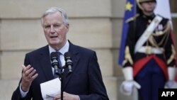 France newly appointed Prime minister Michel Barnier delivers a speech during the handover ceremony at the Hotel Matignon in Paris, Sept. 5, 2024. 