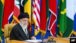Iran's Supreme Leader Ayatollah Ali Khamenei delivers a speech at a conference in Tehran, Iran, Feb. 21, 2017. 