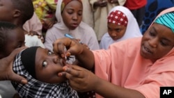 FILE- In this April 13, 2014 file photo, an unidentified health official administers a polio vaccine to a child in Kawo Kano, Nigeria. 