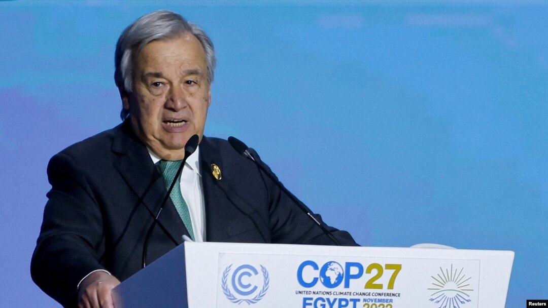 Tổng thư ký Liên hiệp quốc Antonio Guterres phát biểu tại Hội nghị Thượng đỉnh khí hậu biến đổi COP27 ở Sharm el-Sheikh, Ai Cập, ngày 7/11/2022.