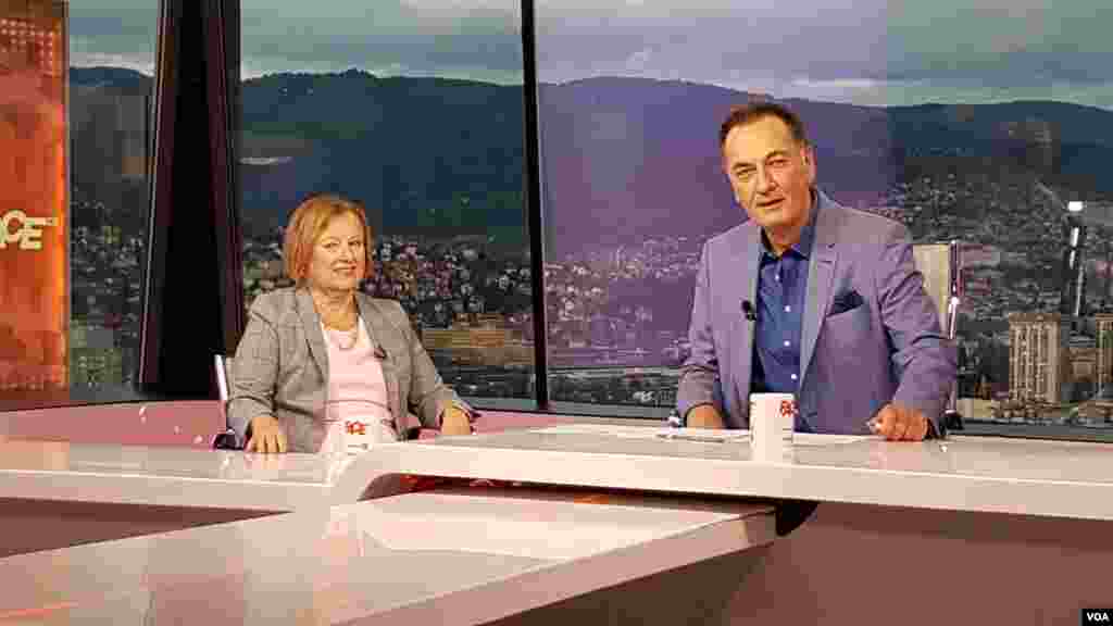 VOA Director Amanda Bennett on set for a live interview with FACE TV's Senad Hadzifejzovic, in Sarajevo, Bosnia, September 22, 2017.