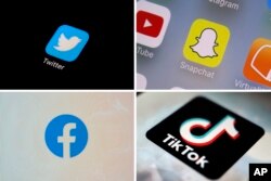 This combination of photos shows logos of Twitter, top left; Snapchat, top right; Facebook, bottom left; and TikTok. (AP Photo)