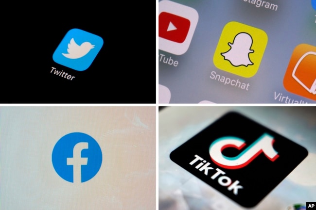 This combination of photos shows logos of Twitter, top left; Snapchat, top right; Facebook, bottom left; and TikTok. (AP Photo)