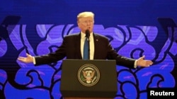 U.S. President Donald Trump speaks on the final day of the APEC CEO Summit ahead of the Asia-Pacific Economic Cooperation (APEC) leaders summit in Danang, Vietnam, Nov. 10, 2017.