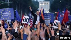 Albania's opposition Democratic Party leader Lulzim Basha speaks during an anti-government protest in front of the Parliament in Tirana, Albania, May 25, 2019.