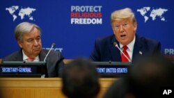 United Nations Secretary General Antonio Guterres listens as President Donald Trump speaks at an event on religious freedom during the United Nations General Assembly, Sept. 23, 2019, in New York.