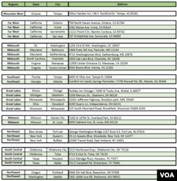 Screenshot of an Iranian government document showing addresses of polling stations in 29 U.S. cities for Iran's June 18, 2021, presidential election. Most of the addresses first appeared in the document on June 17; the rest appeared on the morning of June 18.