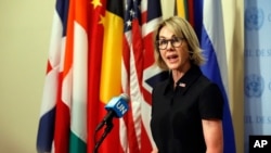 캘리 크래프트 유엔주재 미국대사가 지난해 9월 안보리 회의를 마친 후 기자회견을 했다.