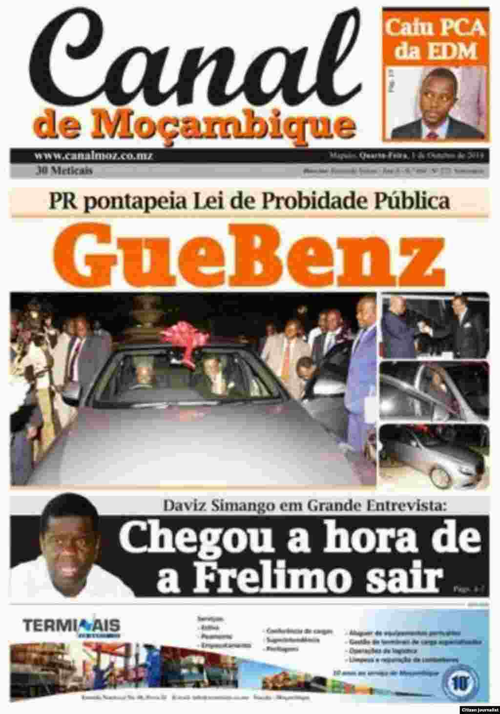 Capa do jornal Canal de Moçambique em altura de campanha eleitoral em Moçambique, Outubro 2014. Enviado por António Rafael 