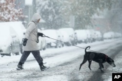 FILE - A woman walks a dog across the street in Denver on Oct. 29, 2023. (AP Photo/David Zalubowski, File)