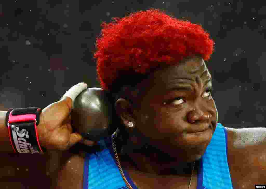 Raven Saunders of the U.S. competes in the women's shot put final during the World Athletics Championhsips at London Stadium, Aug. 9, 2017.