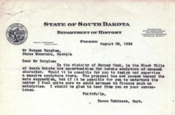 Letter written by the South Dakota state historian to sculptor Gutzon Borglum [his name is misspelled in the letter] requesting he design and build a sculpture at Mt. Rushmore in the Black Hills of South Dakota. (Image: Facebook)