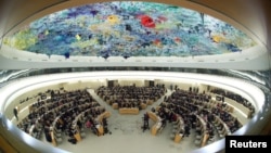 Overview of the session of the Human Rights Council during the speech of U.N. High Commissioner for Human Rights Michelle Bachelet at the United Nations in Geneva, Switzerland, February 27, 2020. Picture taken with a fisheye lens. REUTERS/Denis…