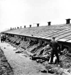 FILE - Prisoners too weak to stand lie on a bank, some dying or already dead, beside one of the huts at Bergen-Belsen concentration camp in Germany, in April, 1945.