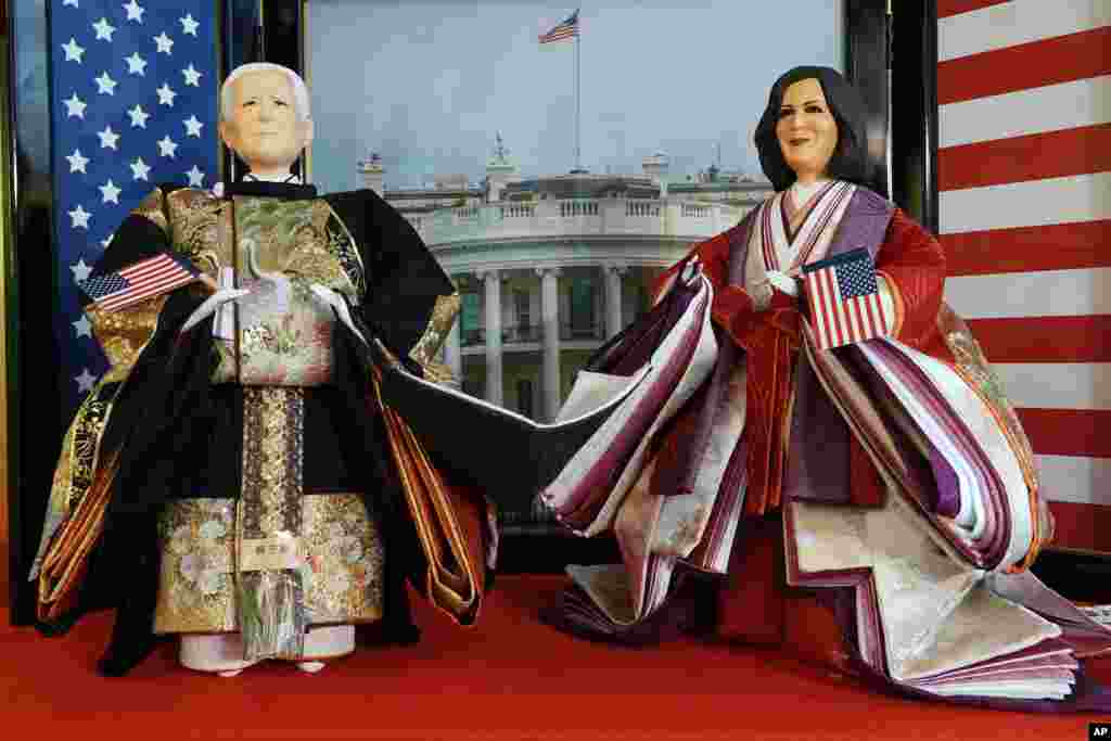 &quot;Hina&quot; dolls depicting U.S. President Joe Biden and Vice President Kamala Harris are displayed for Girls&#39; Day celebrations at Kyugetsu, a Japanese traditional doll company, Tokyo.