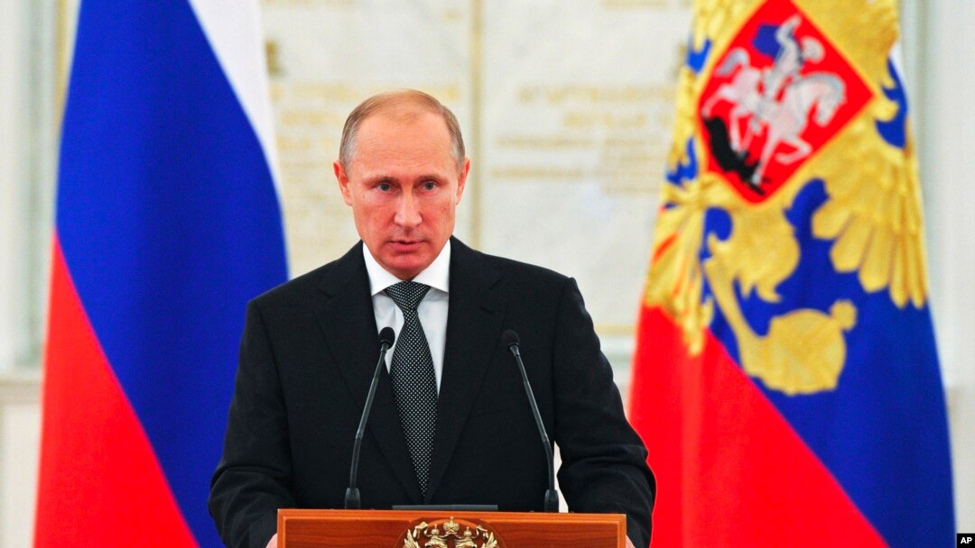 FILE - Russian President Vladimir Putin speaks at a meeting with senior officers in the Kremlin in Moscow.