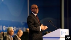 Simon Stiell, U.N. climate chief, speaks at the COP27 U.N. Climate Summit, Sunday, Nov. 6, 2022, in Sharm el-Sheikh, Egypt.