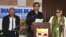 FILE - Ivan Marquez, chief negotiator for the Revolutionary Armed Forces of Colombia (FARC), center, accompanied by Jesus Santrich, right, and Joaquin Gomez, left, speaks at a news conference at the close of another round of peace talks with Colombia's go