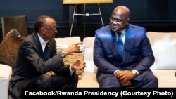 Président Félix Tshisekedi ya RDC (D) na bokutani na mokokani wa ye ya Rwanda Paul Kagame, na New York, 23 septembre 2019. (Facebook/Présidence Rwanda)