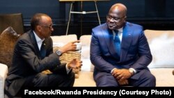 Président Félix Tshisekedi ya RDC (D) na bokutani na mokokani wa ye ya Rwanda Paul Kagame, na New York, 23 septembre 2019. (Facebook/Présidence Rwanda)