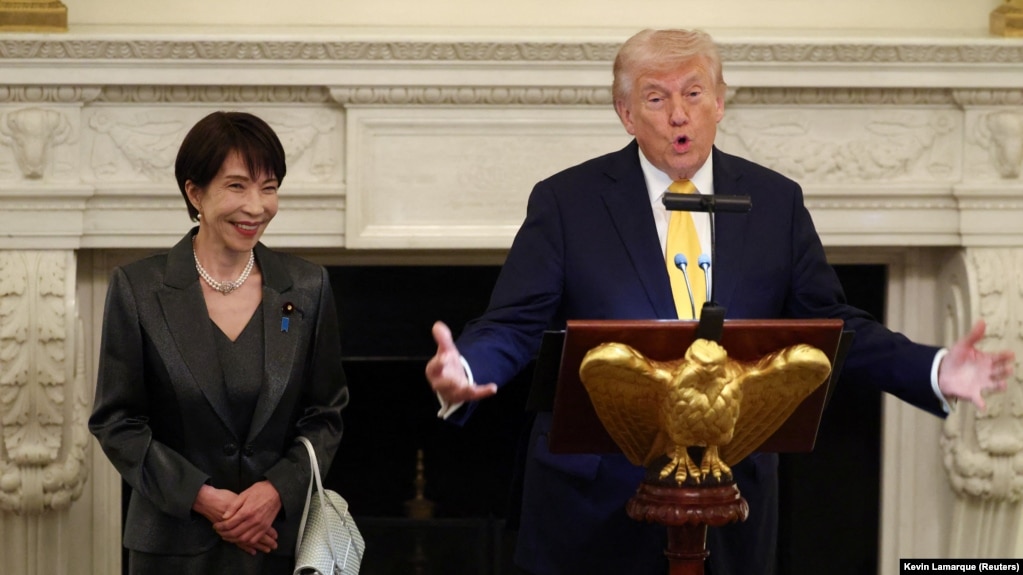 美国总统特朗普在白宫为日本首相高市早苗举行的晚宴上发表讲话。(2026年3月19日)