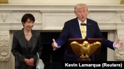 美国总统特朗普在白宫为日本首相高市早苗举行的晚宴上发表讲话。(2026年3月19日)