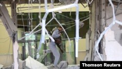 A view shows a damaged medical centre following recent shelling in Stepanakert, the largest city in Nagorno-Karabakh.