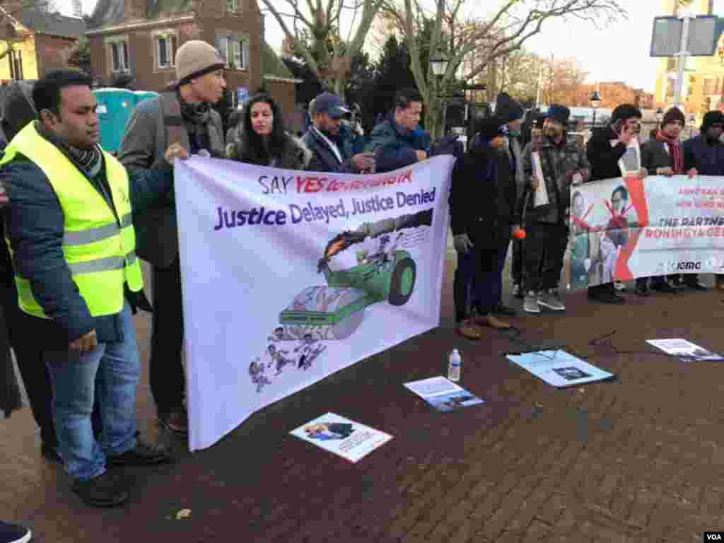 Kachin &amp; Karen organizations joined protests with Rohingya groups . Around 100 people outside in total.