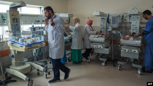 Médicos palestinos atienden a bebés prematuros evacuados del hospital Al Shifa de la ciudad de Gaza, antes de su traslado a Egipto desde un hospital en Rafah, en el sur de la Franja de Gaza, el 19 de noviembre de 2023.