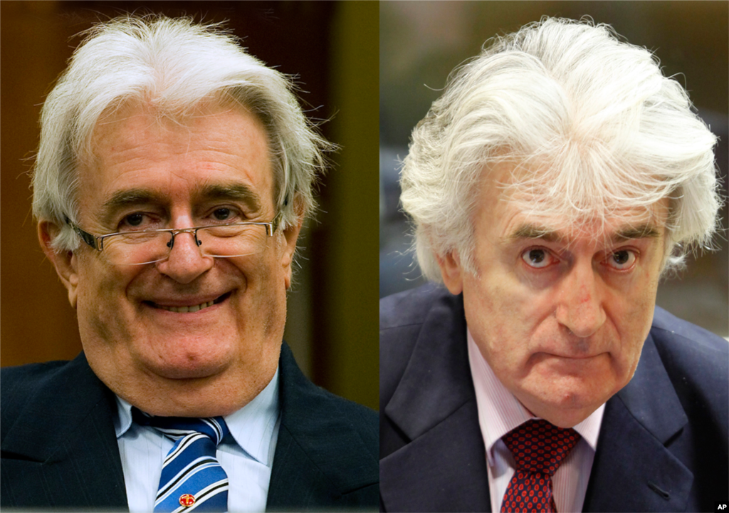 The photo of Radovan Karadzic on the left was taken on October 16, 2012 while the photo on the right was taken during his earlier trial in November of 2009. The contrast in his appearance from three years ago is apparent in this photo.