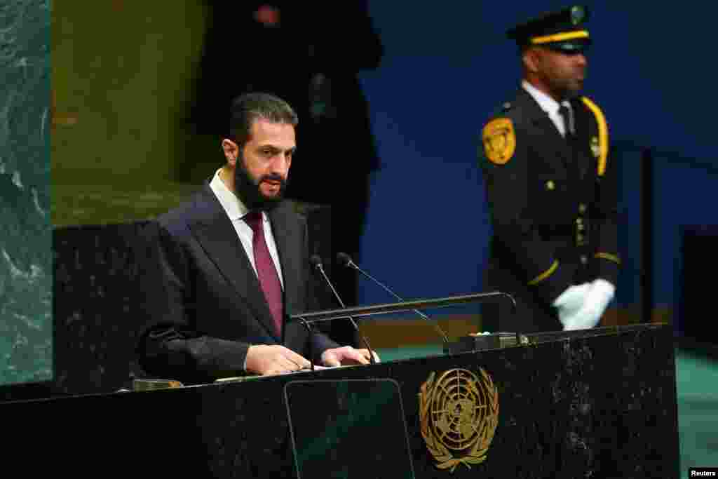 احمد الشرع، رییس جمهور سوریه، هنگام سخنرانی در مجمع عمومی سازمان ملل متحد
