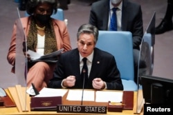 FILE - US Secretary of State Antony Blinken speaks during a meeting of the U.N. Security Council on the situation between Russia and Ukraine, at the United Nations Headquarters in New York, Feb. 17, 2022.
