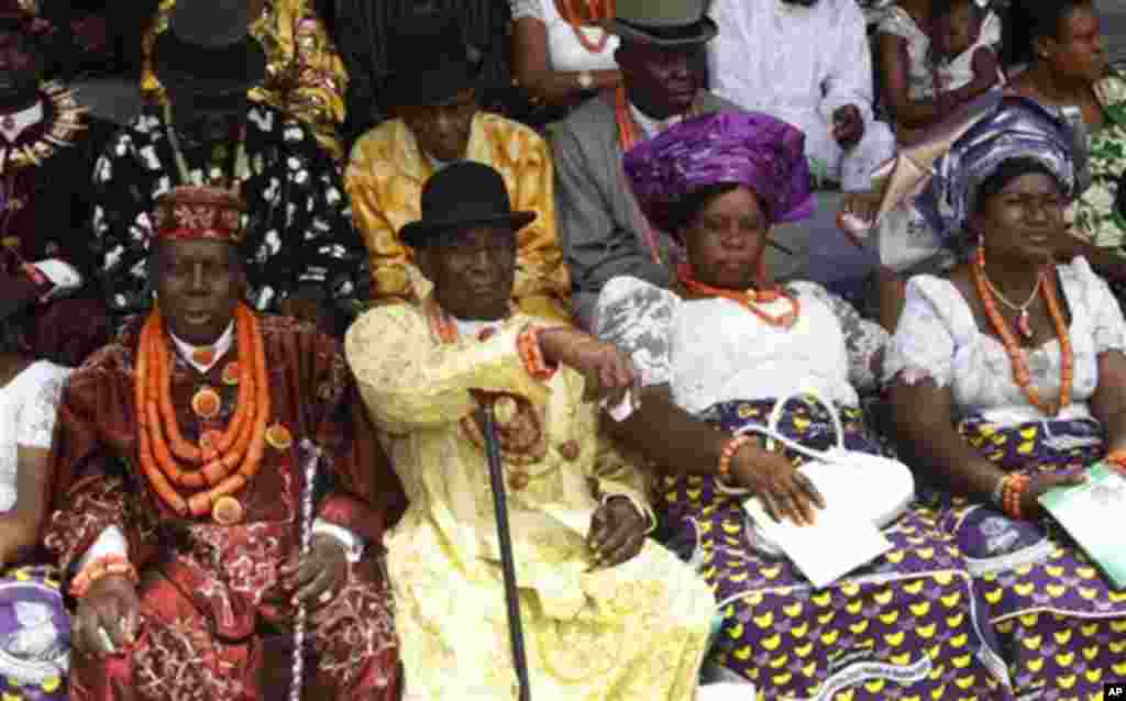 Local Chiefs from the Niger Delta, attend the inauguration ceremony of Nigerian President Goodluck Jonathan at the main parade ground in Nigeria's capital of Abuja Sunday, May 29, 2011. Goodluck Jonathan was sworn in Sunday for a full four-year term as pr