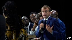 FILE: France's President Emmanuel Macron speaks at the New Africa-France 2021 Summit, in Montpellier, southern France, Oct. 8, 2021.