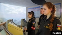 Naval cadet Alina Politika takes part in a training on the captain's bridge simulator at N. G. Kuznetsov Naval Academy's department in Kaliningrad, Russia March 5, 2019. 