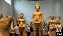 Shiva and female deity Uma sculptures, returned in August, are on display in the National Museum of Cambodia in Phnom Penh, Sept. 16, 2024. (Sun Narin/VOA)