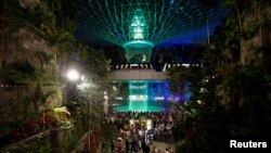 Rain Vortex, air terjun setinggi 40 meter yang merupakan air terjun dalam ruangan yang tertinggi di dunia, tampak seen di dalam Jewel Complex, Bandara Changi, Singapura, 11 April 2019.