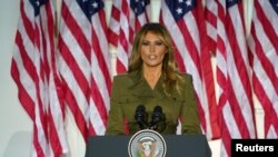 U.S. first lady Melania Trump delivers her live address to the largely virtual 2020 Republican National Convention from the Rose Garden of the White House in Washington, Aug. 25, 2020.