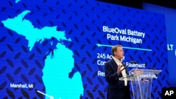 FILE - Ford Motor Co. Executive Chairman Bill Ford announces the automaker's new BlueOval Battery Park, Feb. 13, 2023. Ford Motor Co. said Sept. 25, that it's pausing construction of the $3.5 billion electric vehicle battery plant in Michigan.