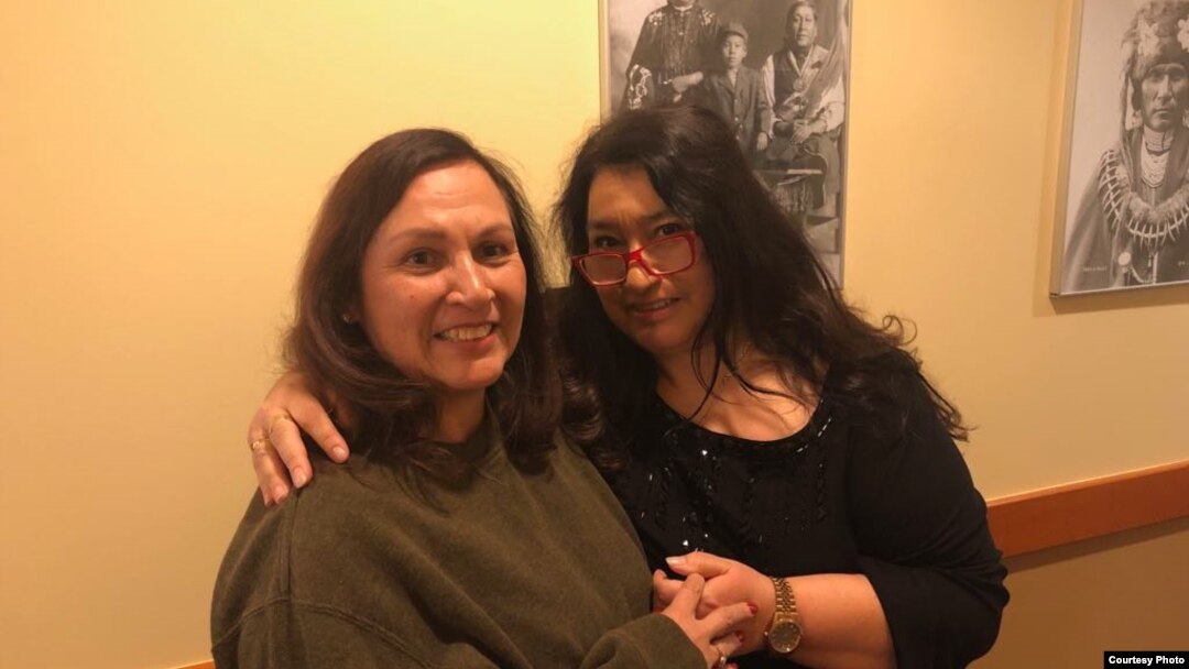 Kimberly Linebarger, left, with sister Gudrun Drofn Emilsdottir, in lobby of Seven Clans First Council Casino Hotel, Newkirk, Oklahoma, November 19, 2018. 