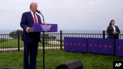 FILE - Republican presidential nominee Donald Trump speaks during a news conference at Trump National Golf Club Los Angeles, in Rancho Palos Verdes, California, Sept. 13, 2024.