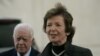 FILE - Former Irish President Mary Robinson, right, and former U.S. President Jimmy Carter speak to press in the West Bank city of Ramallah, Oct. 20, 2010.