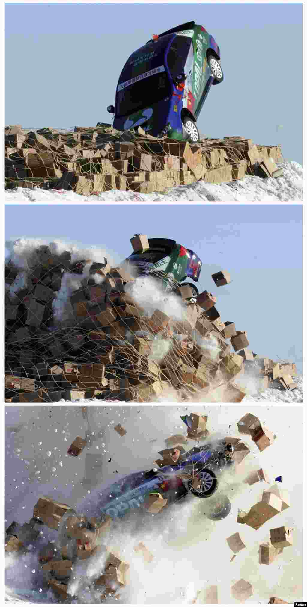 A combination picture shows a car, driven by stunt driver Xie Yujun, hitting carton boxes upon landing after it leaped over a section of the frozen Songhua River in Heihe, Heilongjiang province, near the border of China and Russia.&nbsp;Xie successfully leaped over an approximately 40 m (131 ft) wide section of the Songhua River where temperatures hit - 40&deg;C (- 40&deg;F), local media reported.