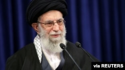 Iran's Supreme Leader Ayatollah Ali Khamenei delivers a televised speech, in Tehran, Iran, Jan. 8, 2021.